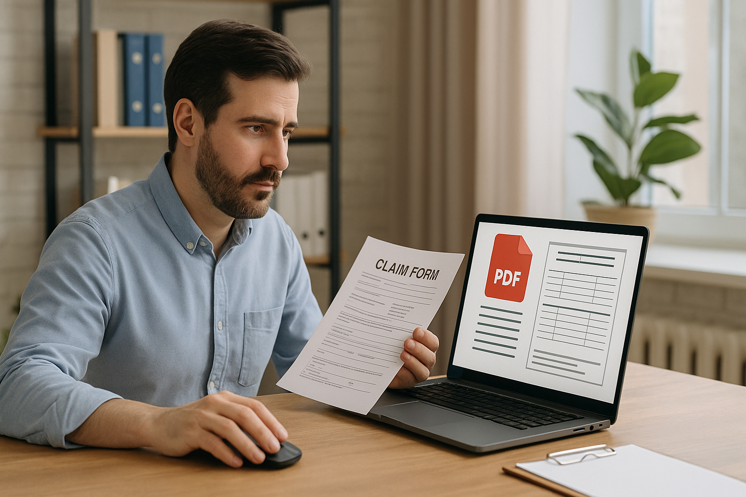 A man in a blue shirt examines a printed claim form while using a laptop displaying a PDF document. A plant decorates the background.