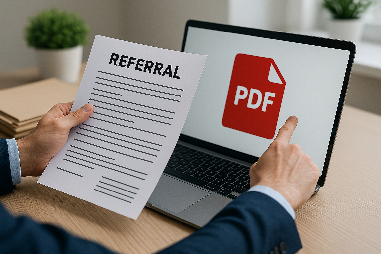 A person holds a referral document while another points at a PDF icon on a laptop screen, suggesting digital sharing or conversion.