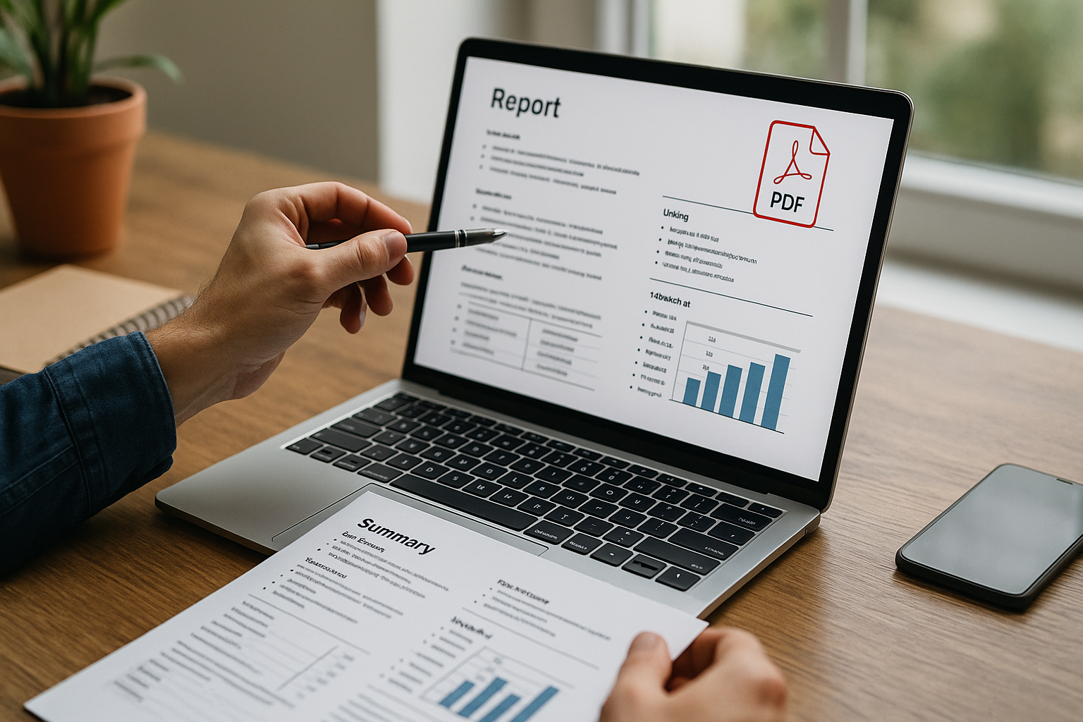 A person points at a laptop screen displaying a report with charts and PDF icon, while holding a printed summary document on a wooden desk.