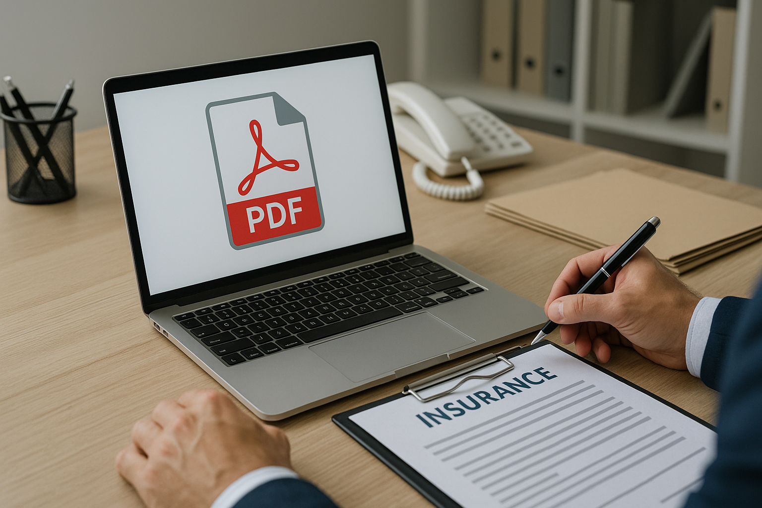 A laptop displaying a PDF icon sits on a desk next to an insurance form, while a person in a suit holds a pen, poised to write.