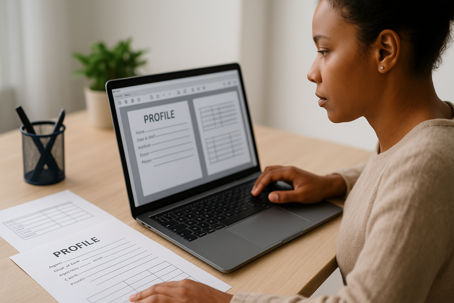 A person works on a laptop displaying a profile form, with printed profile sheets on the desk. A small plant decorates the space.