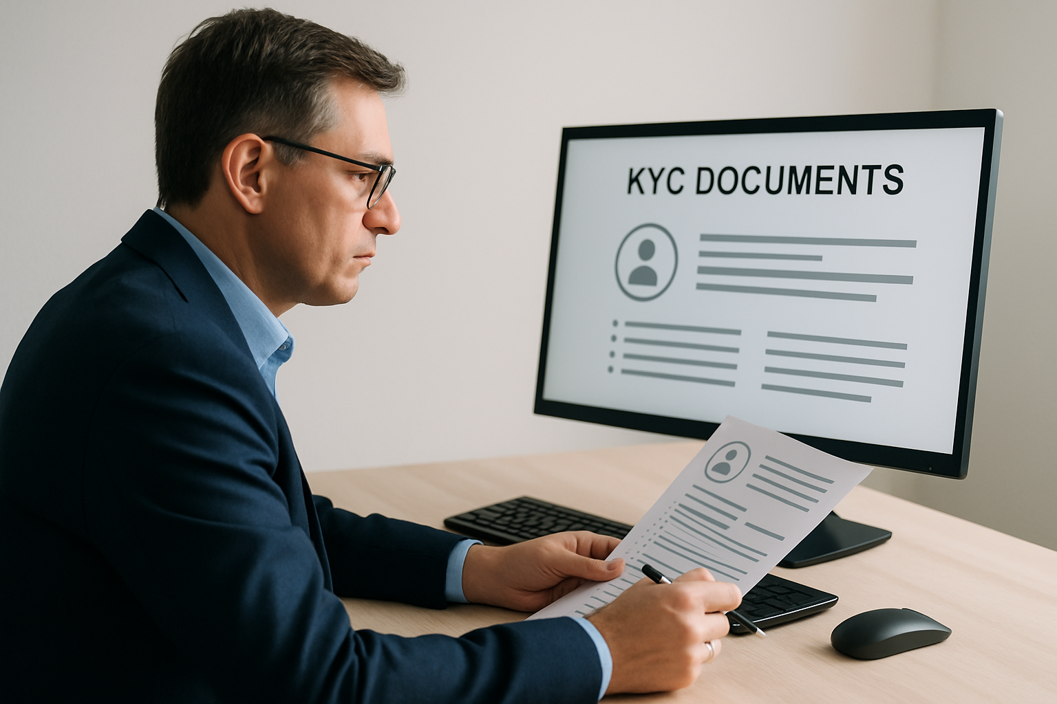 A man in a suit examines a printed KYC document while sitting at a desk, with a matching digital version displayed on a computer monitor.