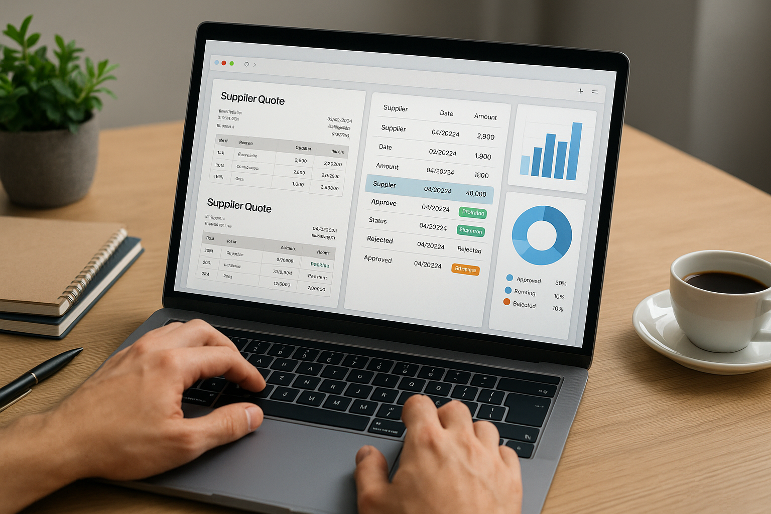 Hands typing on a laptop displaying supplier quotes, data tables, bar graph, and pie chart in a spreadsheet. Nearby notebook, pen, and coffee cup.