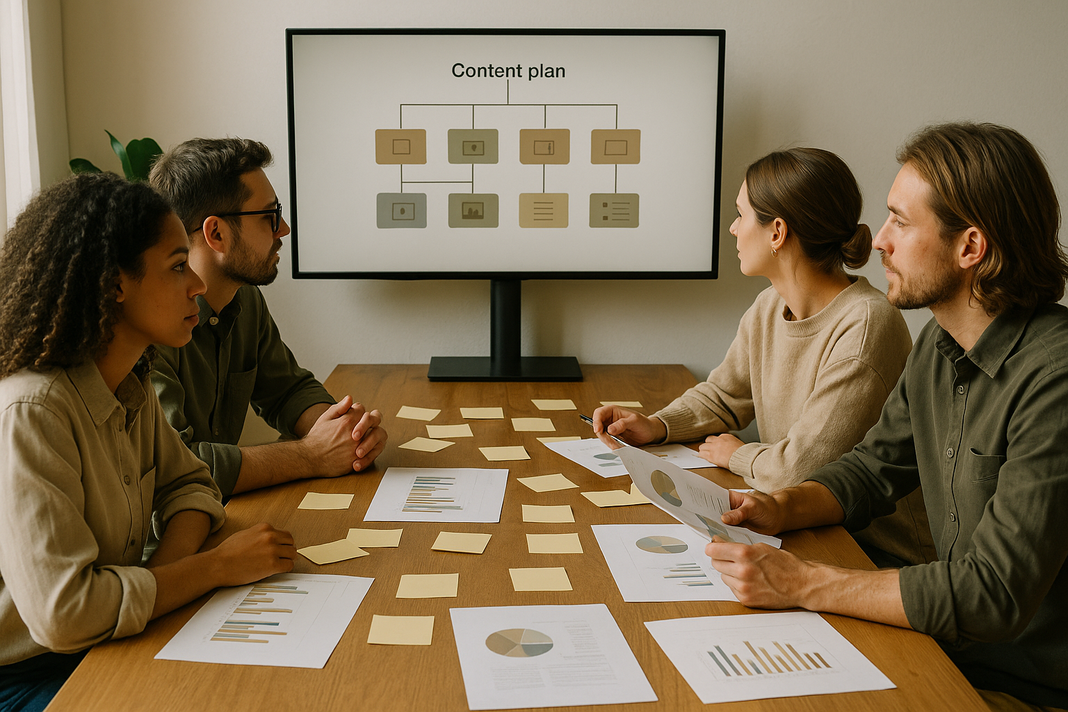 Four people in a meeting room discuss a content plan, visible on a screen. The table is covered with charts and sticky notes.