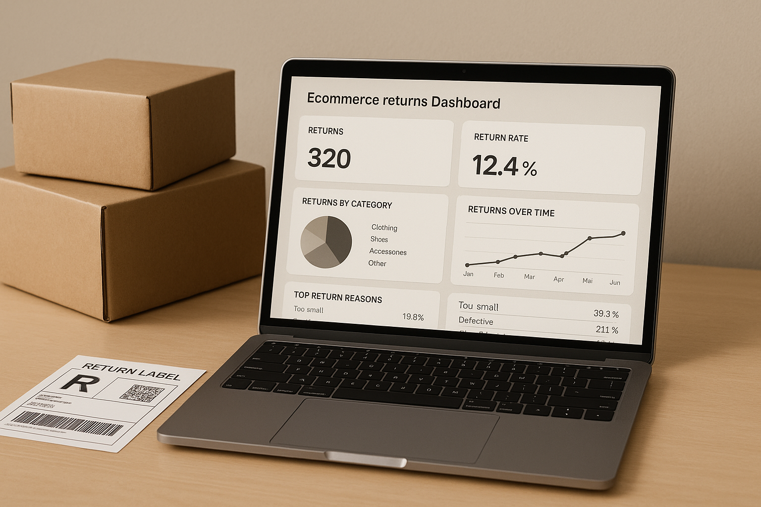 A laptop displays an e-commerce returns dashboard, showing 320 returns and a 12.4% return rate. Nearby are two cardboard boxes and a return label.