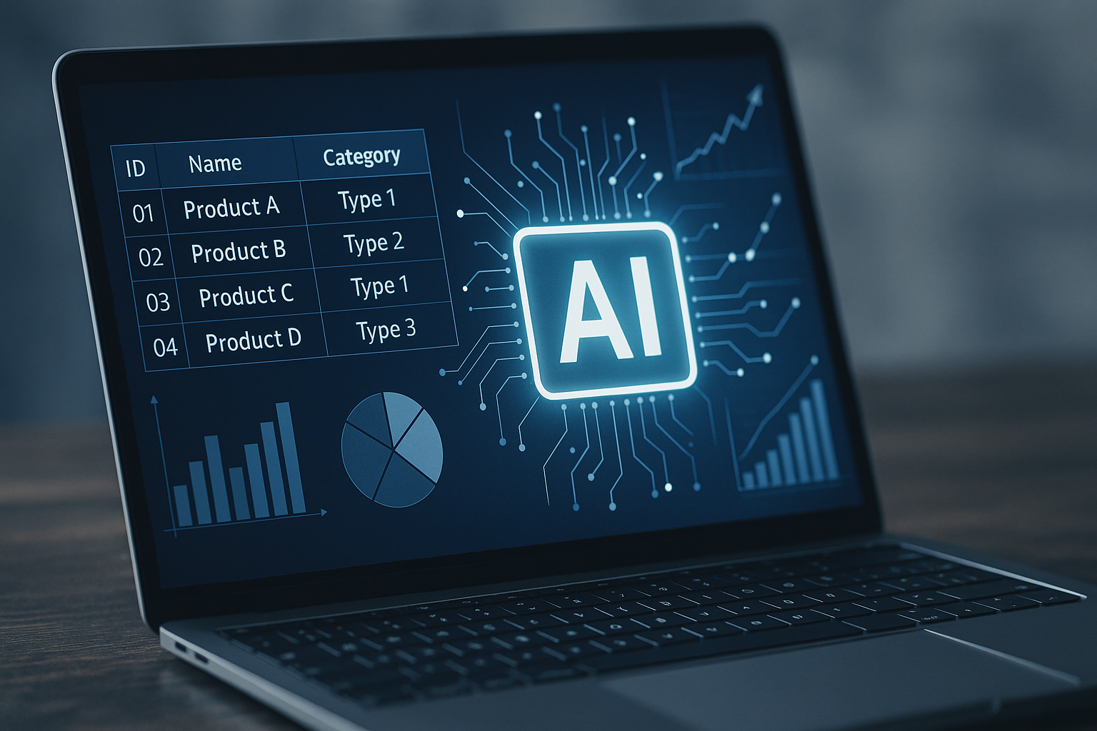 A laptop screen displays a glowing "AI" logo surrounded by circuit patterns, alongside product data tables and digital charts.