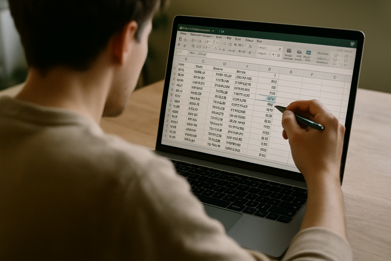 A person reviewing a spreadsheet on a laptop, highlighting a specific cell with a pen. The screen displays multiple columns of data.