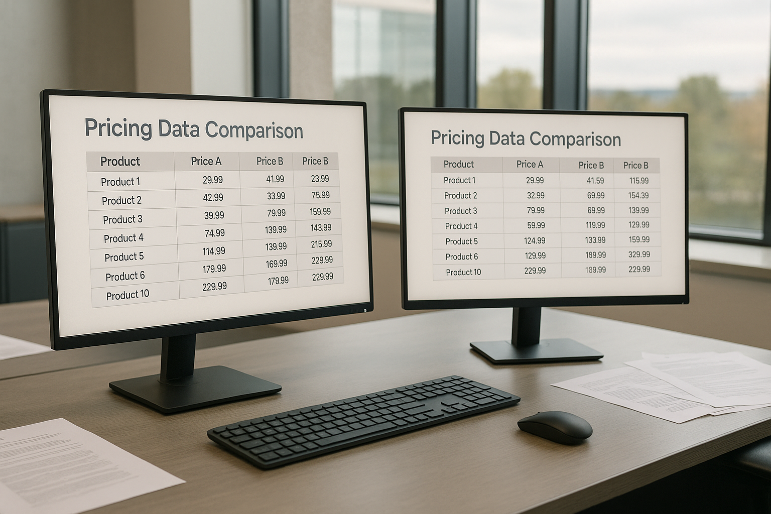 Two computer monitors display a pricing data comparison table for products, situated on a desk with a keyboard, mouse, and papers.