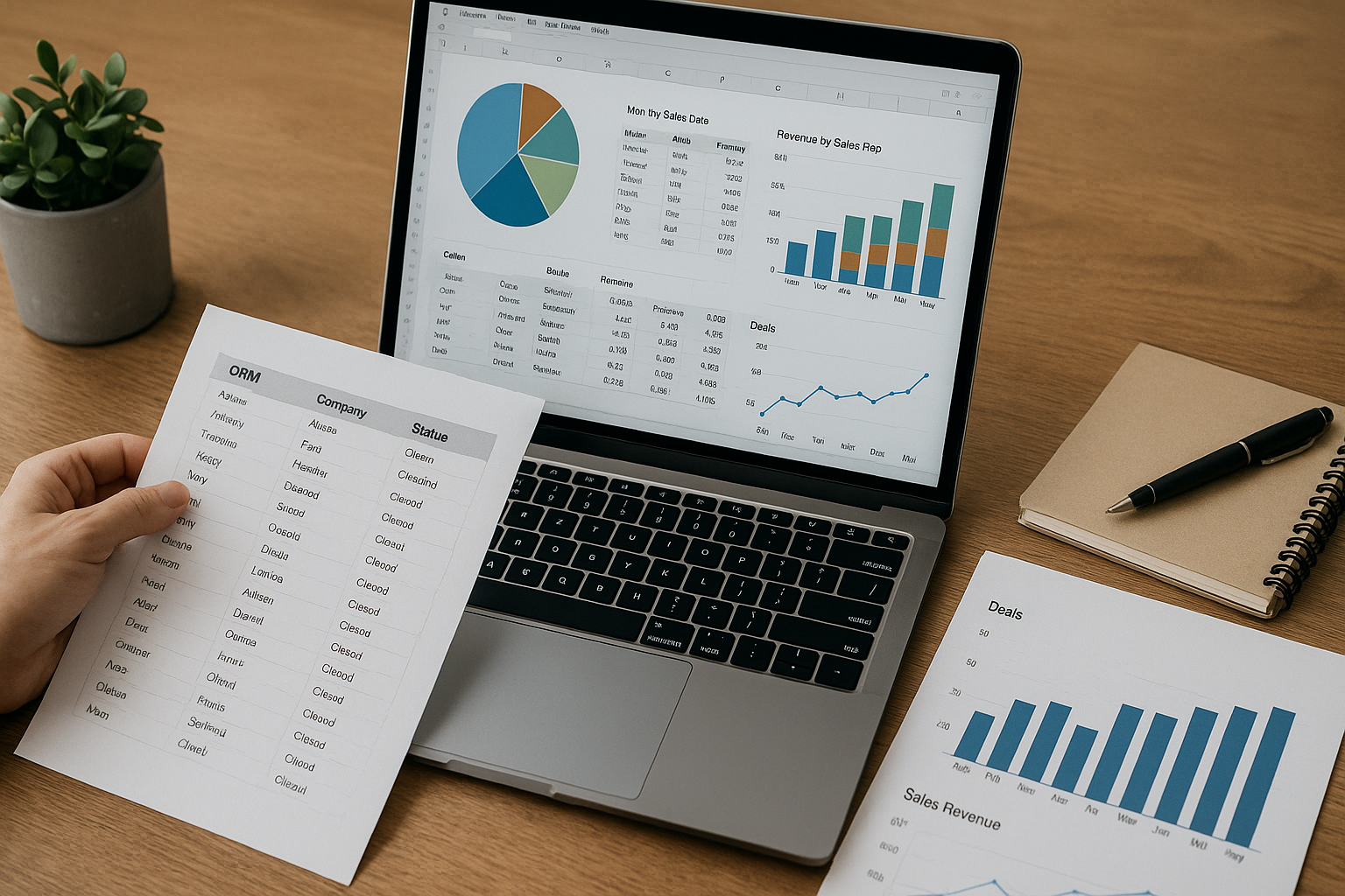 A laptop displays charts and graphs, including a pie chart and bar graphs, on a table with a sales data sheet, notebook, and pen nearby.