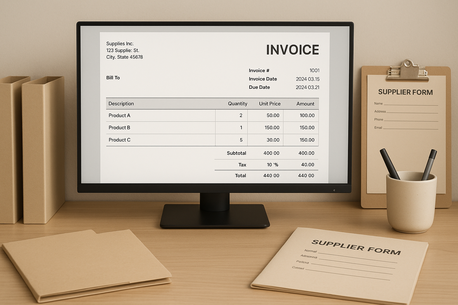 A computer monitor displays an invoice with detailed product listings, prices, and totals. Nearby, a clipboard and folder labeled 'Supplier Form' are on a wooden desk alongside a pen holder.