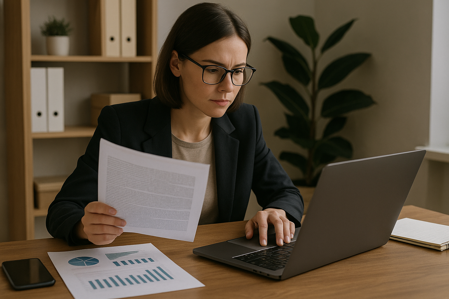 A focused woman with glasses sits at a desk, holding a document in one hand while typing on a laptop. Nearby, bar and pie charts are visible.