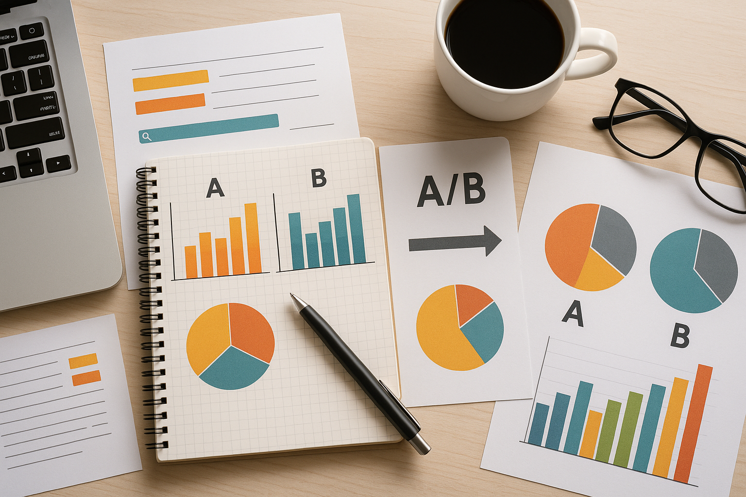 A desk with A/B test charts, bar and pie graphs on paper and a notebook. Nearby are a laptop, pen, coffee cup, and glasses.