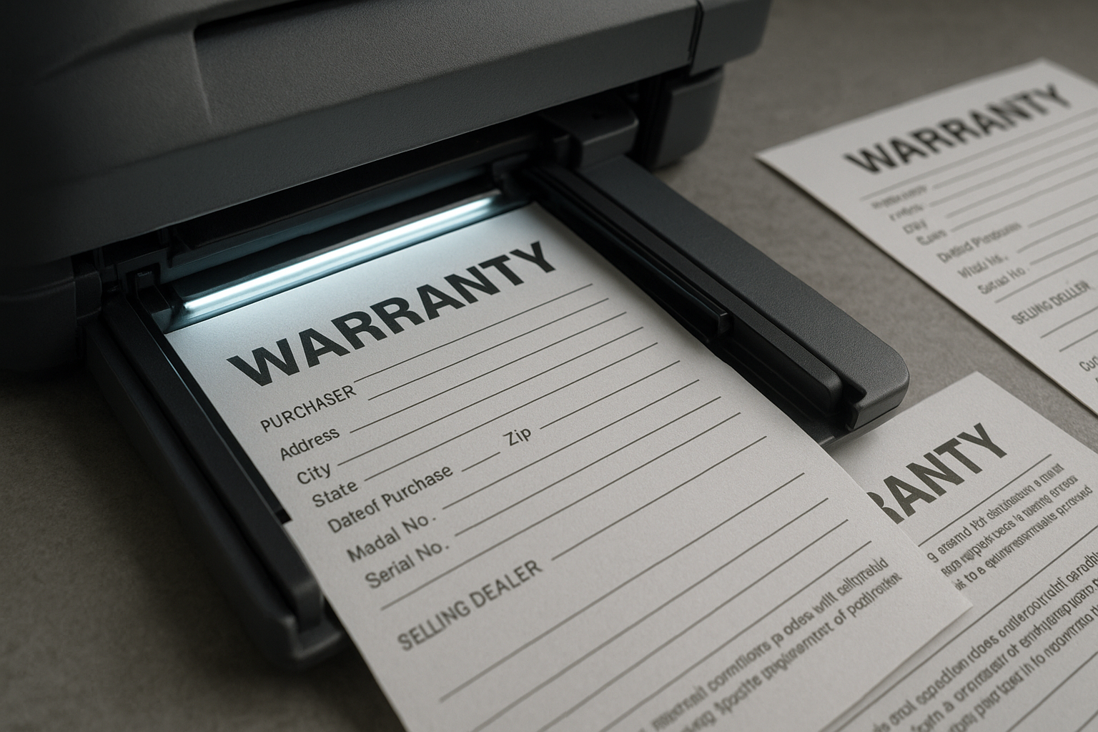 A printer outputs a warranty form with fields for purchaser details, date of purchase, and serial number. Additional forms are nearby.