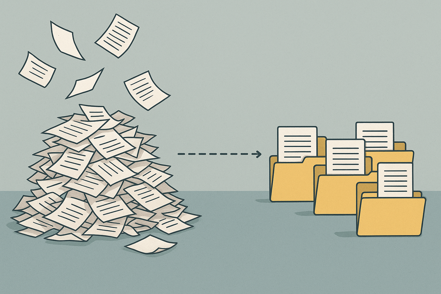 Papers form a large chaotic pile on the left, transforming into organized folders on the right, linked by a dotted arrow.