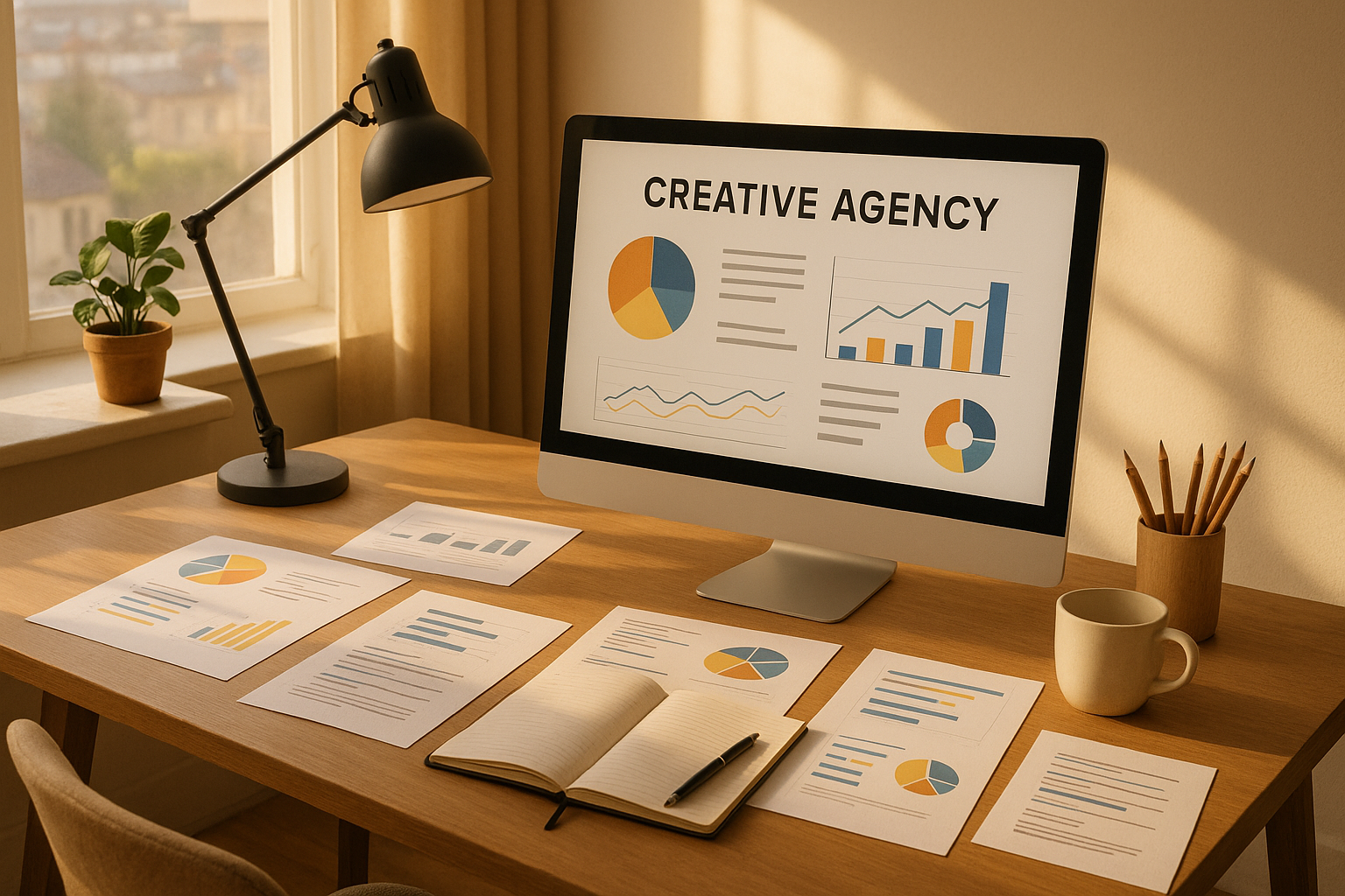 Computer screen displaying "Creative Agency" and various charts sits on a wooden desk with papers, a notebook, pen, and a coffee cup.