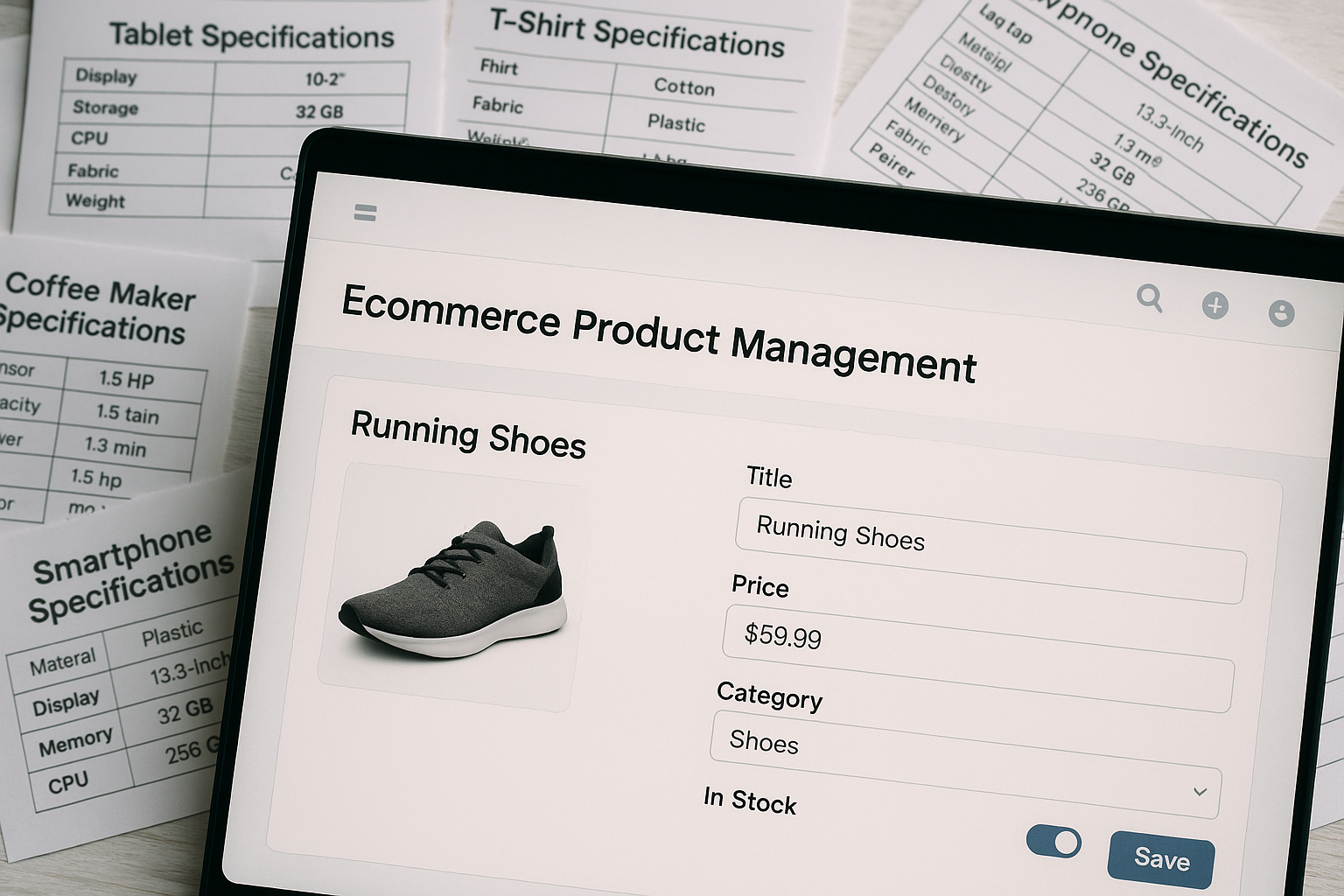 Tablet screen showing an e-commerce product management page for running shoes, priced at $59.99, with specification sheets in the background.