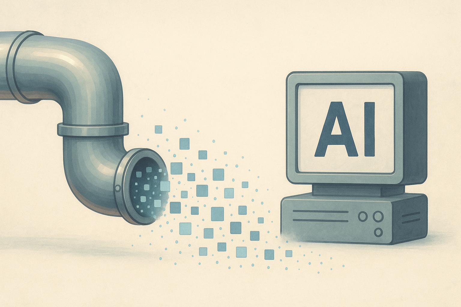 A large metallic pipe on the left releases digital pixels flowing towards a computer screen on the right, displaying the letters "AI."