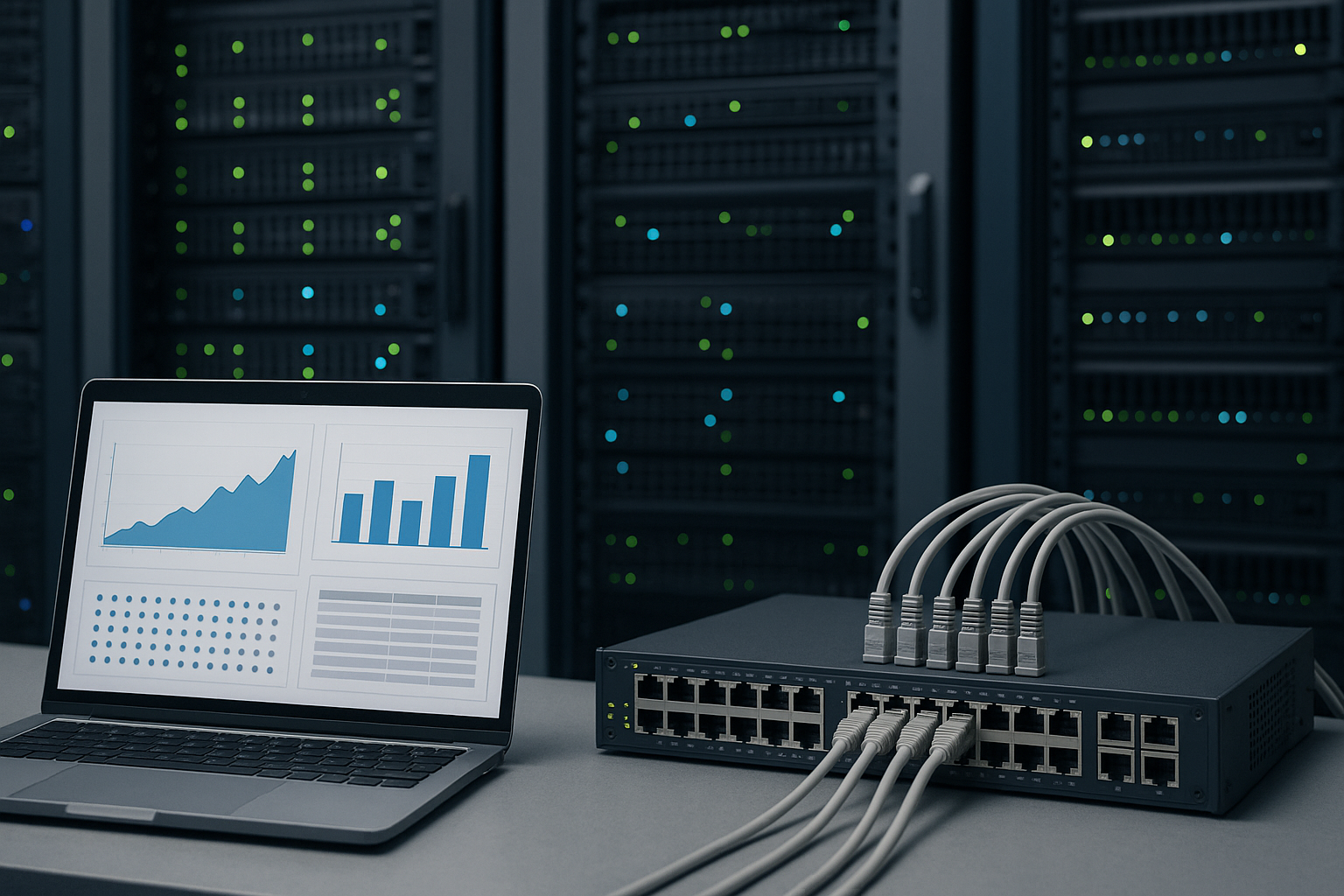 A laptop displays graphs and charts next to a network switch with multiple connected cables, set in a server room with racks of blinking lights.