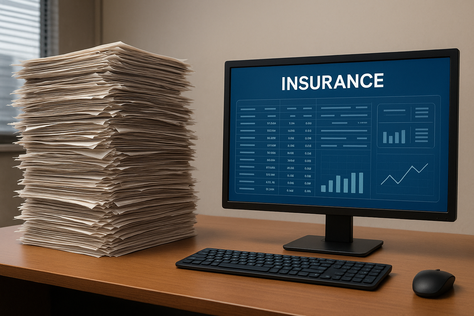 A large stack of paper sits on a wooden desk next to a monitor displaying insurance-related data and graphs, with a keyboard and mouse.