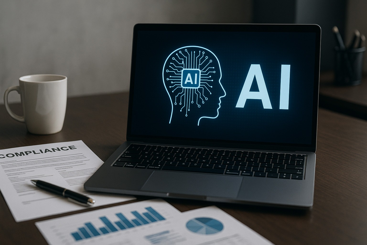 A laptop displays the abbreviation "AI" beside an outline of a head with circuitry. Nearby, a cup and documents marked "Compliance" rest on a table.