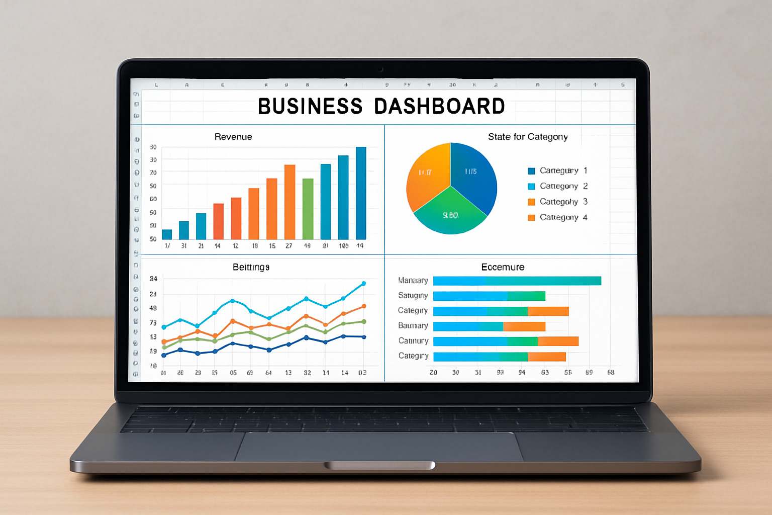 A laptop screen displays a business dashboard with charts illustrating revenue, category distribution, and performance metrics over time.