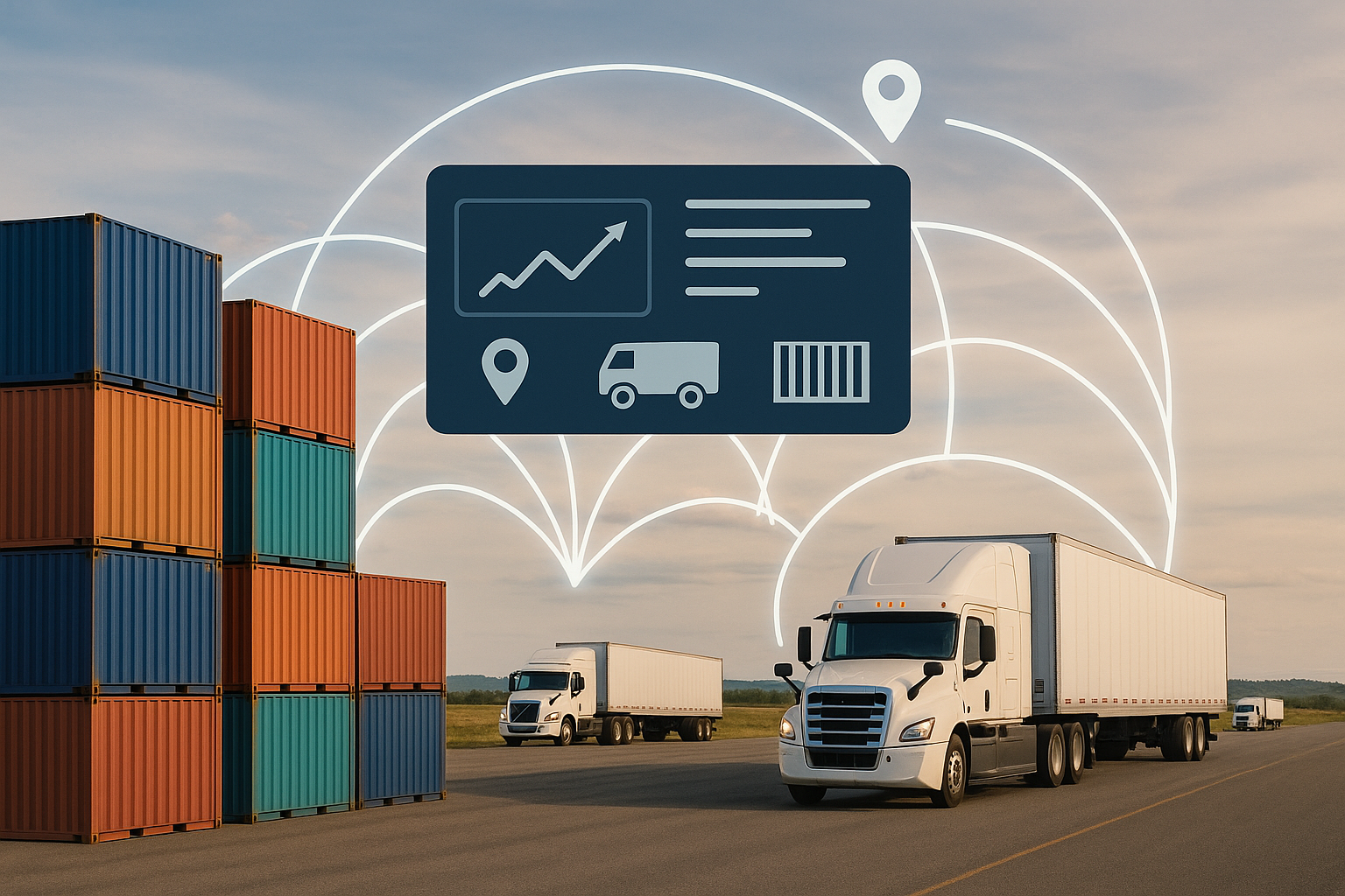 Stacked shipping containers and two white semi-trucks on an open road illustrate logistics, with digital overlay of supply chain graphics.