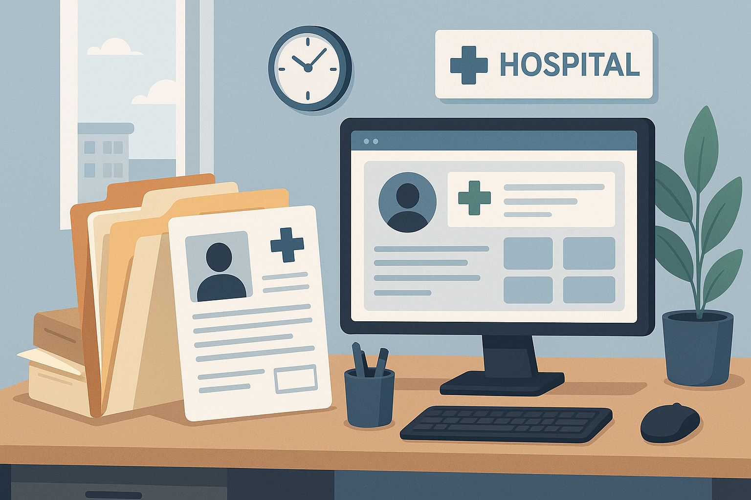 A hospital office featuring a computer displaying medical records next to paper files on a desk, with a wall clock, window, and potted plant.