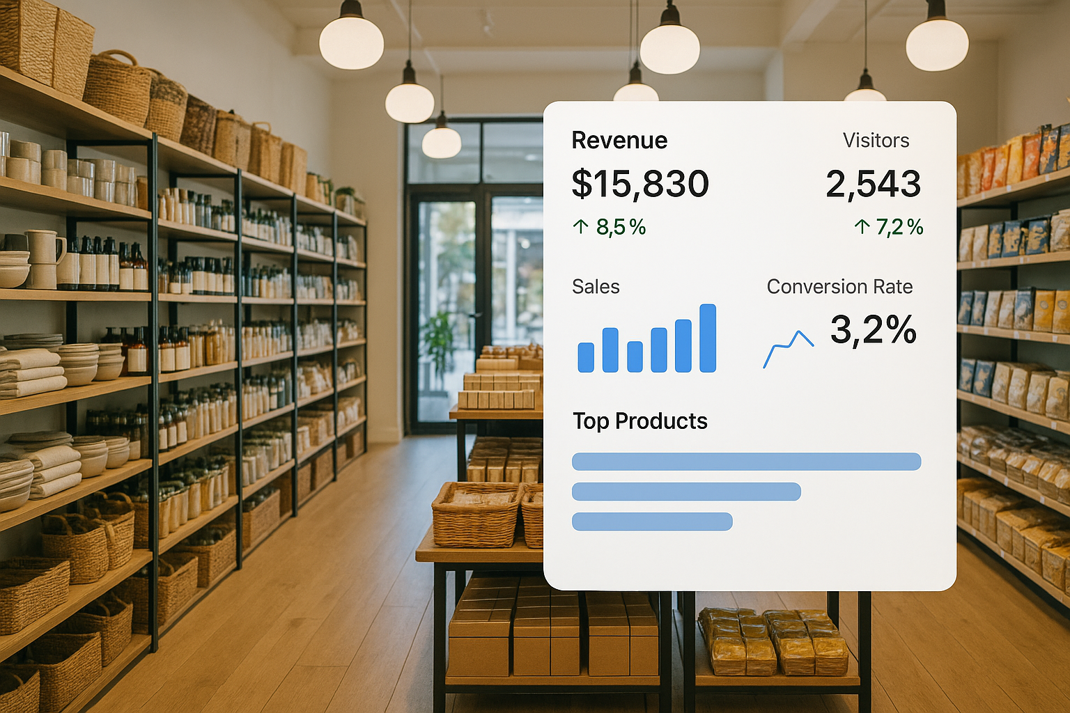 A cozy store interior with wooden shelves filled with items; a data overlay shows $15,830 revenue, 2,543 visitors, and a 3.2% conversion rate.