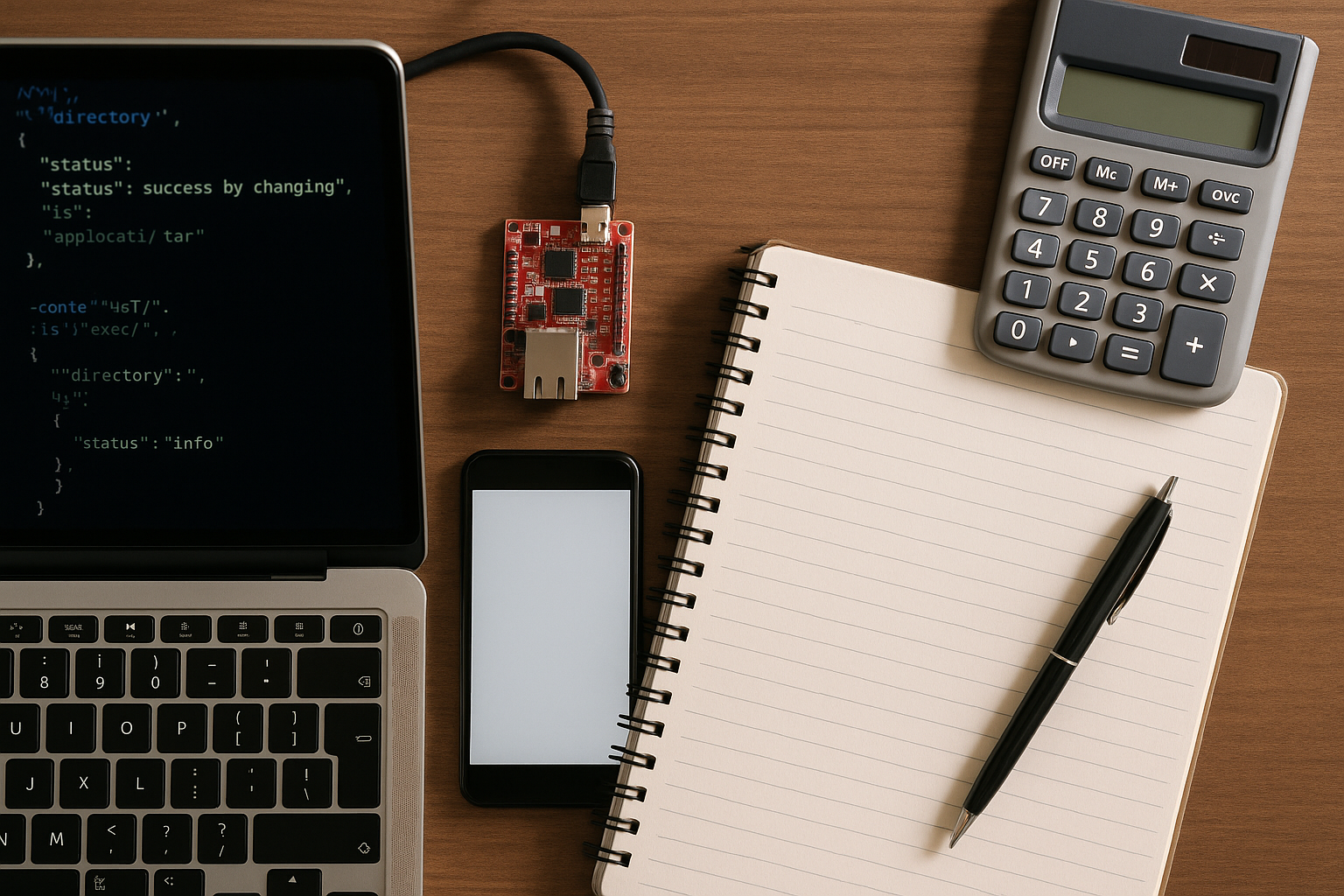 A workspace with a laptop displaying code, a smartphone, a red circuit board, a lined notebook with a pen, and a solar calculator.