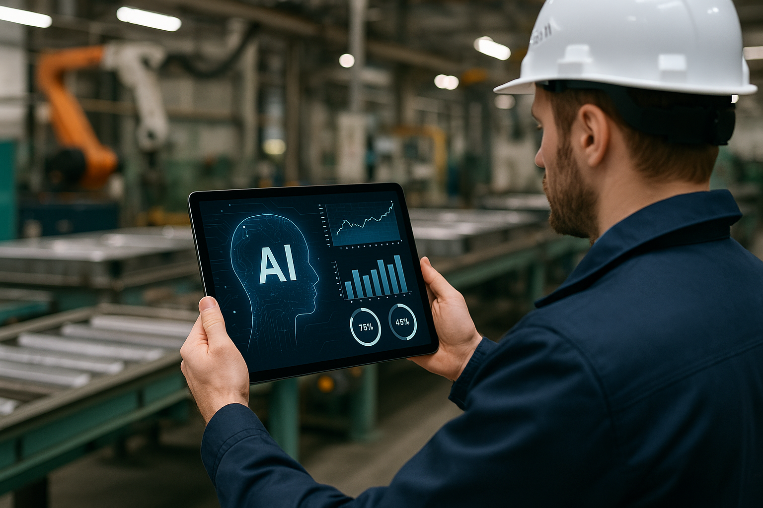 A worker in a hard hat and uniform holds a tablet displaying AI analytics, with graphs and percentages, inside an industrial setting.