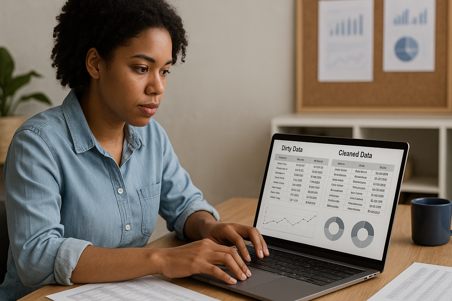 A woman in a blue shirt analyzes dirty versus cleaned data on a laptop screen at a desk, with charts in the background for context.
