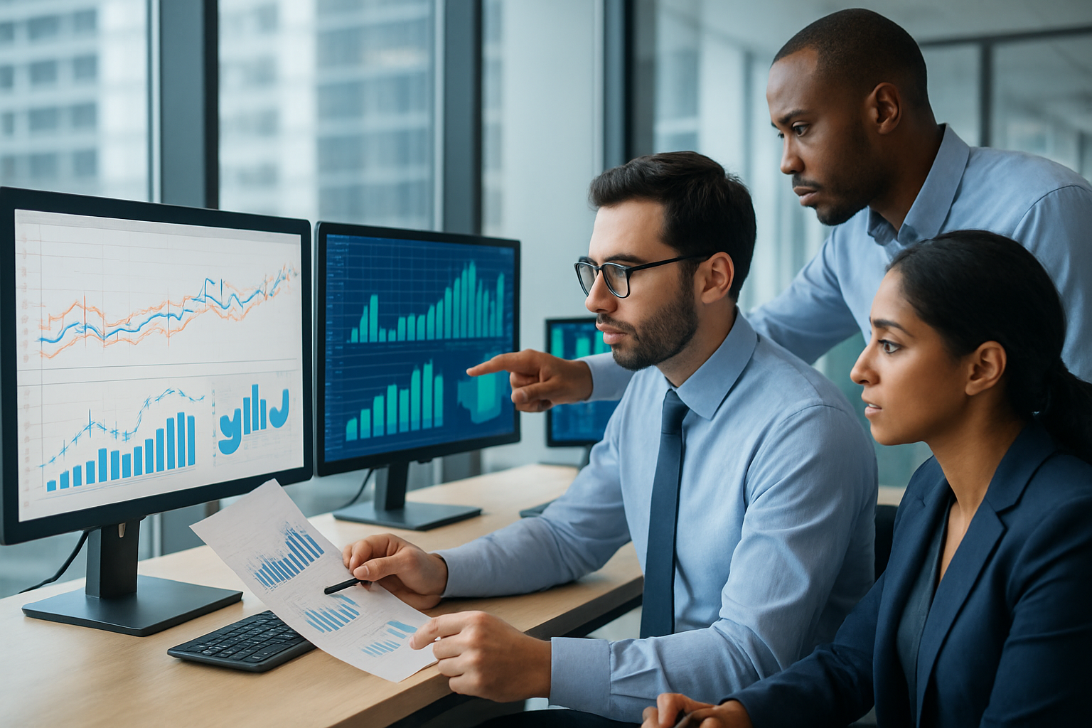 Three professionals in business attire analyze graphs on multiple computer screens and printed charts, focusing intently on financial data.