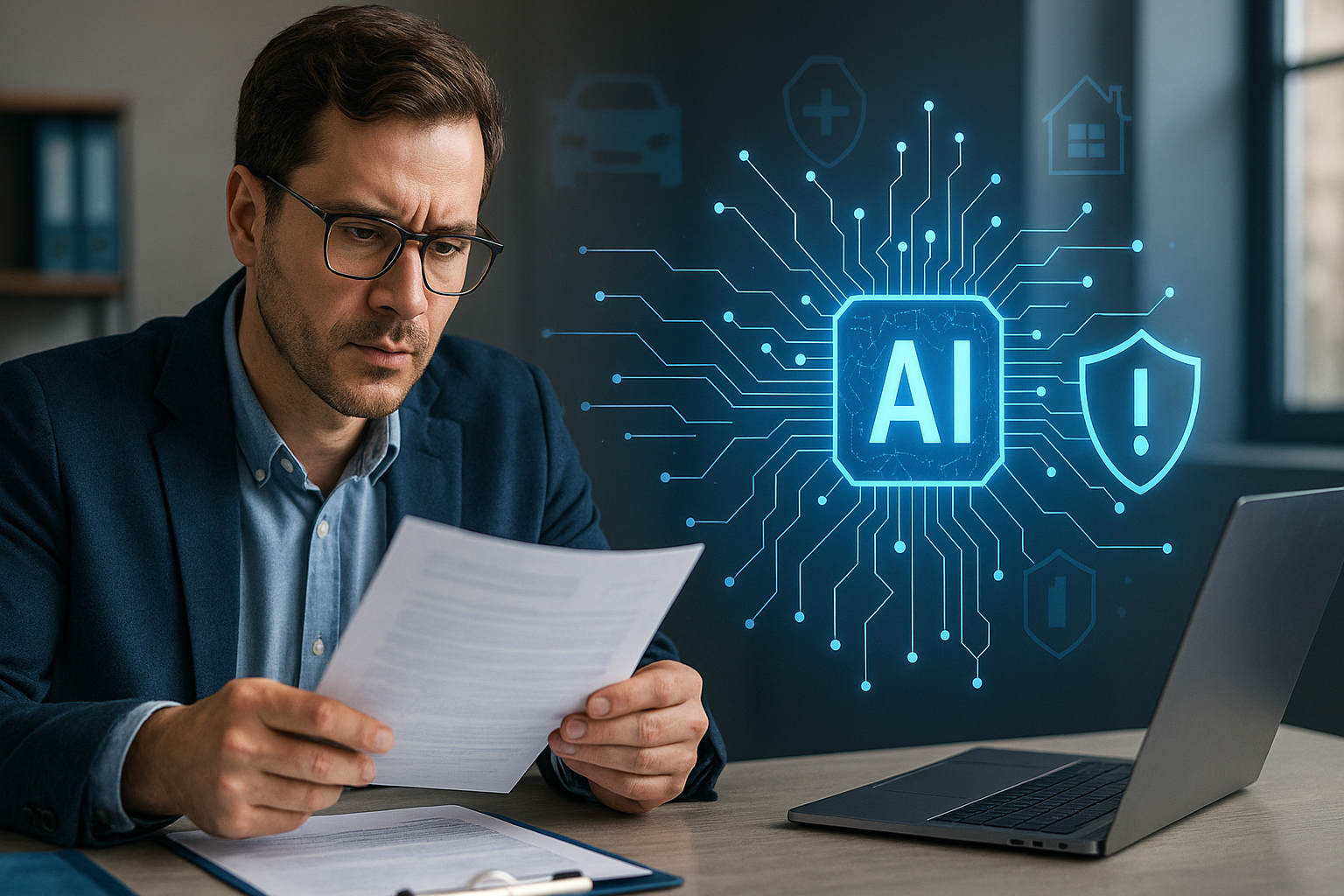 A man in glasses and a suit intently reads documents at a desk. A glowing AI icon surrounded by digital symbols appears beside him.