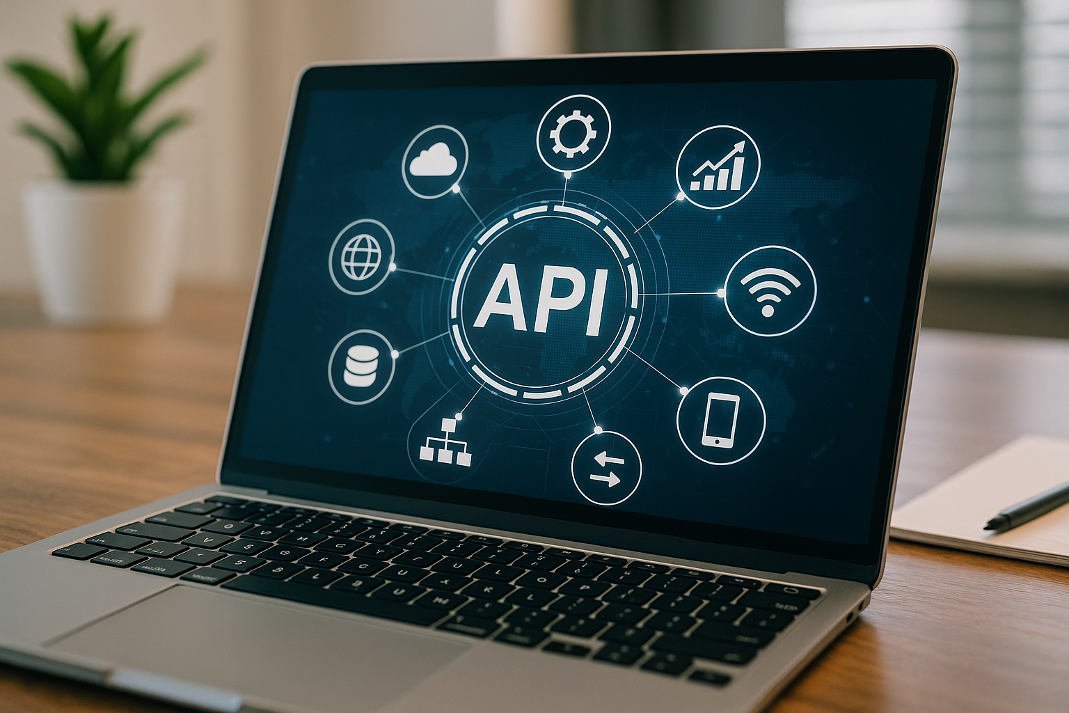 Laptop on a wooden desk displaying a diagram titled "API" with tech-related icons like cloud, wifi, and gear in a circular pattern.