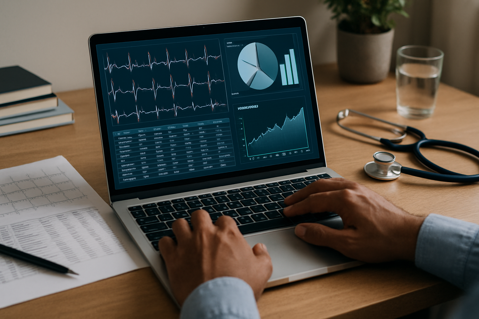 A person types on a laptop displaying medical data, including ECG graphs and charts. A stethoscope and glass of water rest nearby.