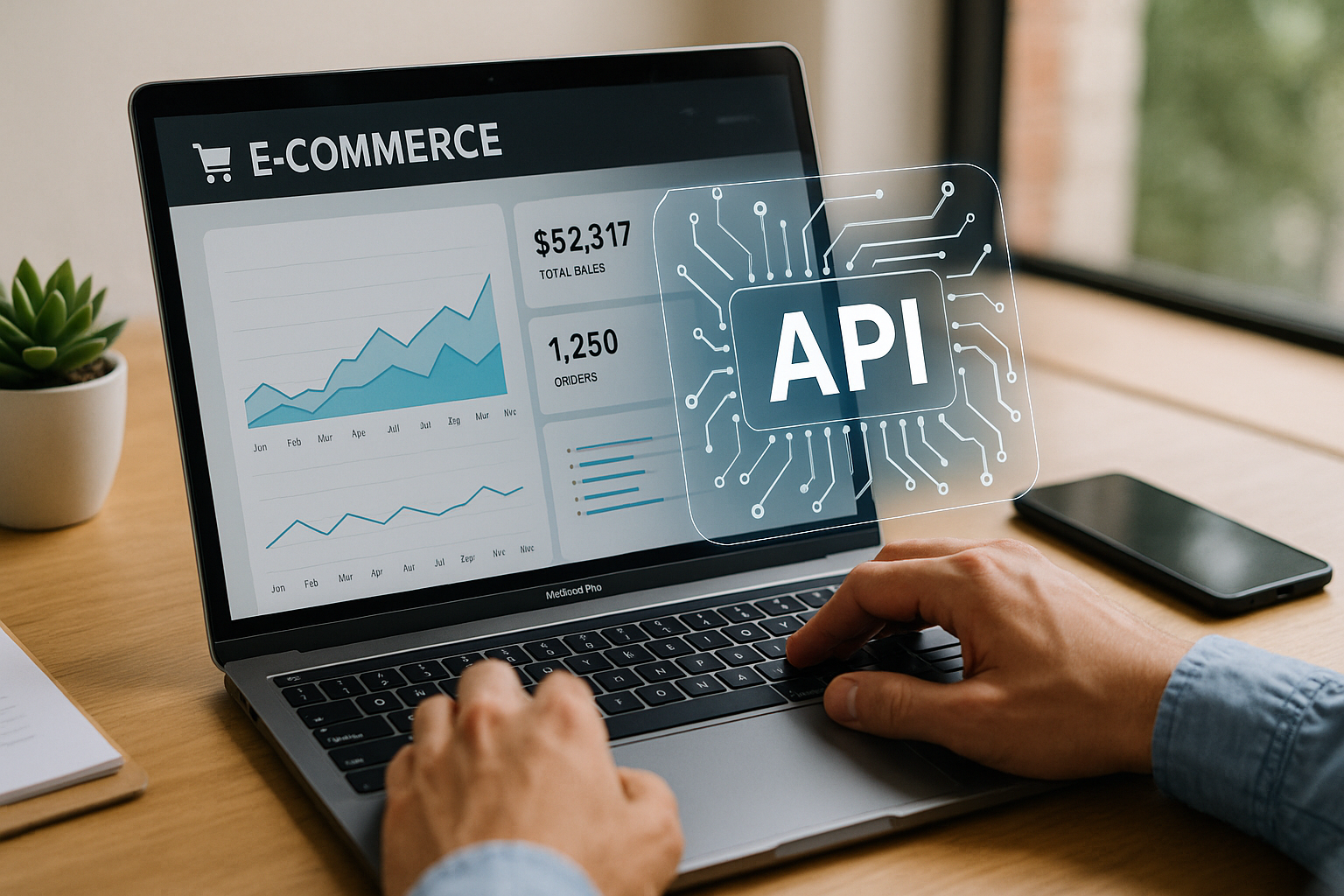 A person working on a laptop displaying e-commerce analytics with graphs and data on sales and orders. An "API" hologram floats above the keyboard.