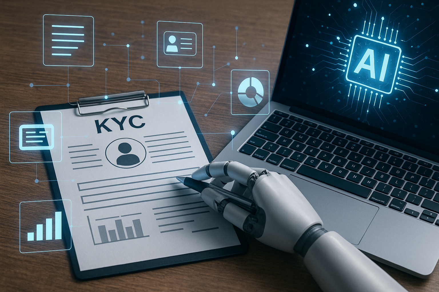 A robotic hand writes on a KYC form on a clipboard, with a laptop displaying an AI logo nearby. Decorative digital elements float around.