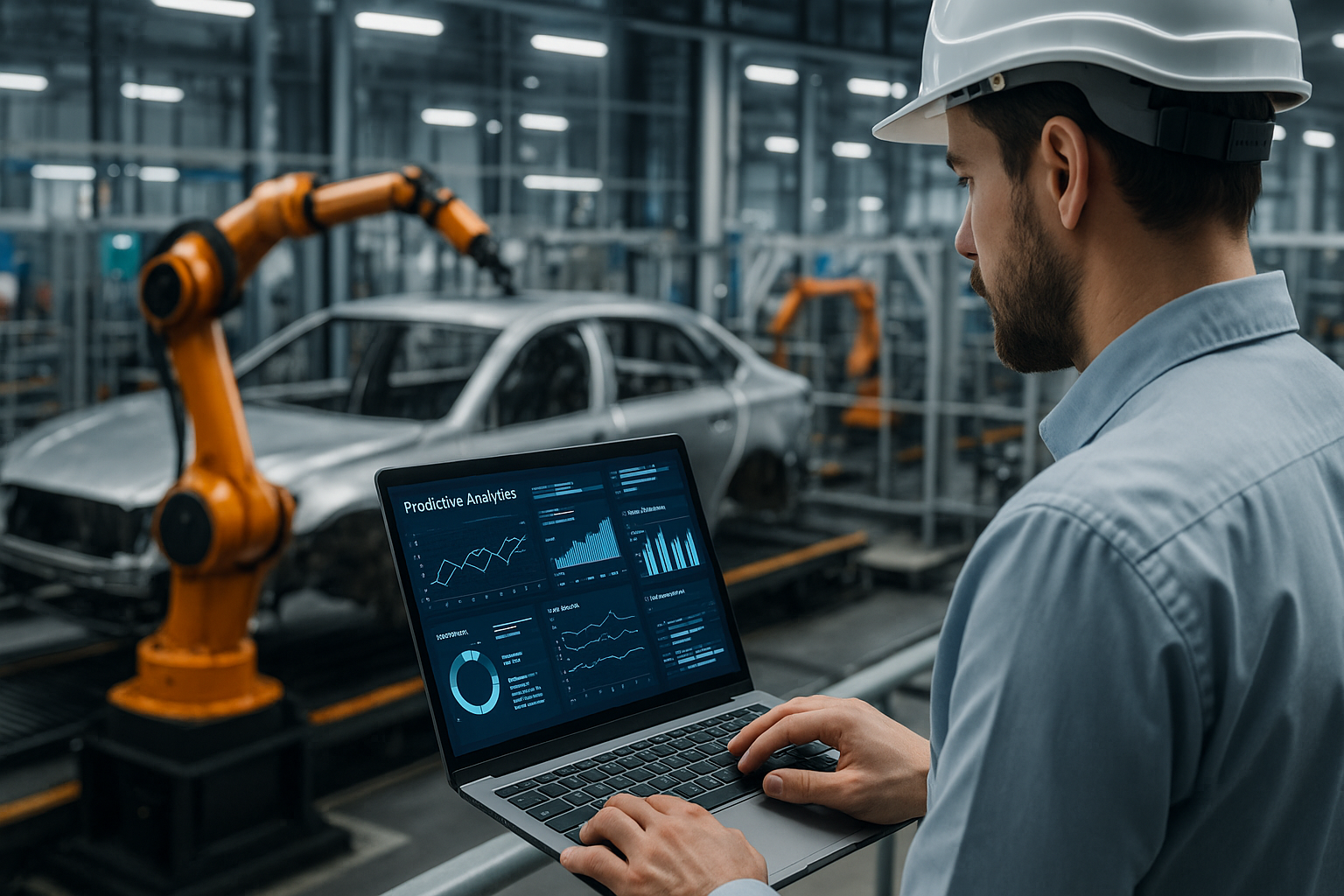 Engineer in a hard hat analyzes production analytics on a laptop in a car manufacturing plant, with robotic arms working in the background.