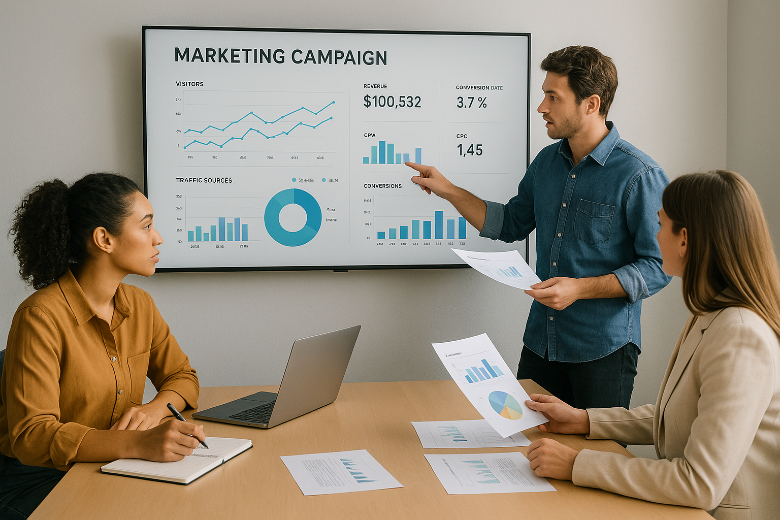 Three people in a meeting room discuss a marketing campaign, with a man presenting charts on a screen. Two women take notes and review documents.