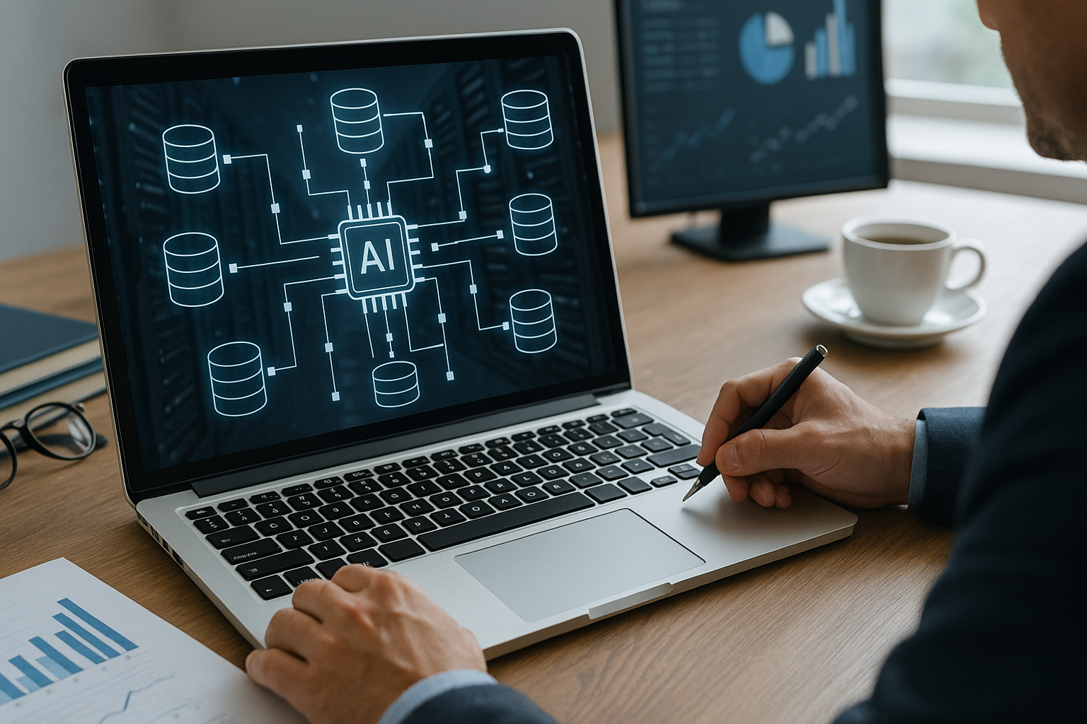 A person works on a laptop displaying an AI and database network diagram, surrounded by charts, graphs, and a cup of coffee.