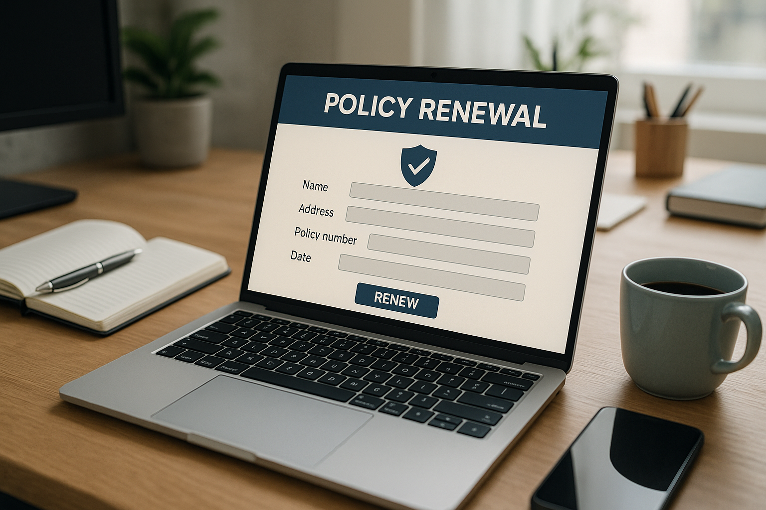 A laptop on a wooden desk displays a policy renewal form, with entry fields for name, address, policy number, and date, beside a renew button. Nearby are a notebook with a pen, a smartphone, and a coffee mug.