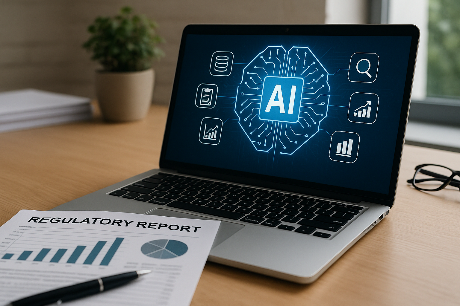 A laptop displays a screen with an AI graphic surrounded by icons. In the foreground, a document titled "Regulatory Report" shows charts and graphs.