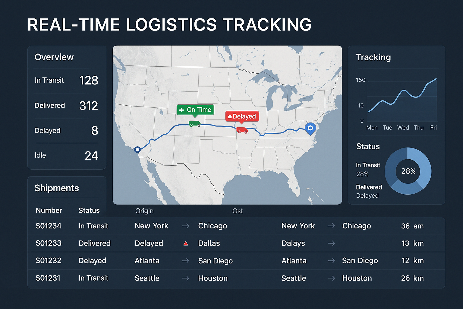Dashboard showing real-time logistics tracking with a U.S. map, shipment statuses, graphs, and stats. Includes on-time and delayed alerts.