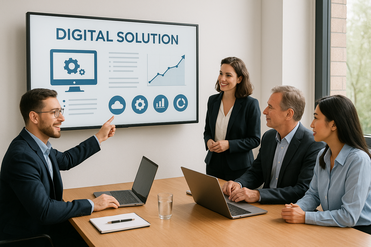 Four professionals in formal attire discuss digital solutions around a conference table. A graph on a screen indicates growth trends.