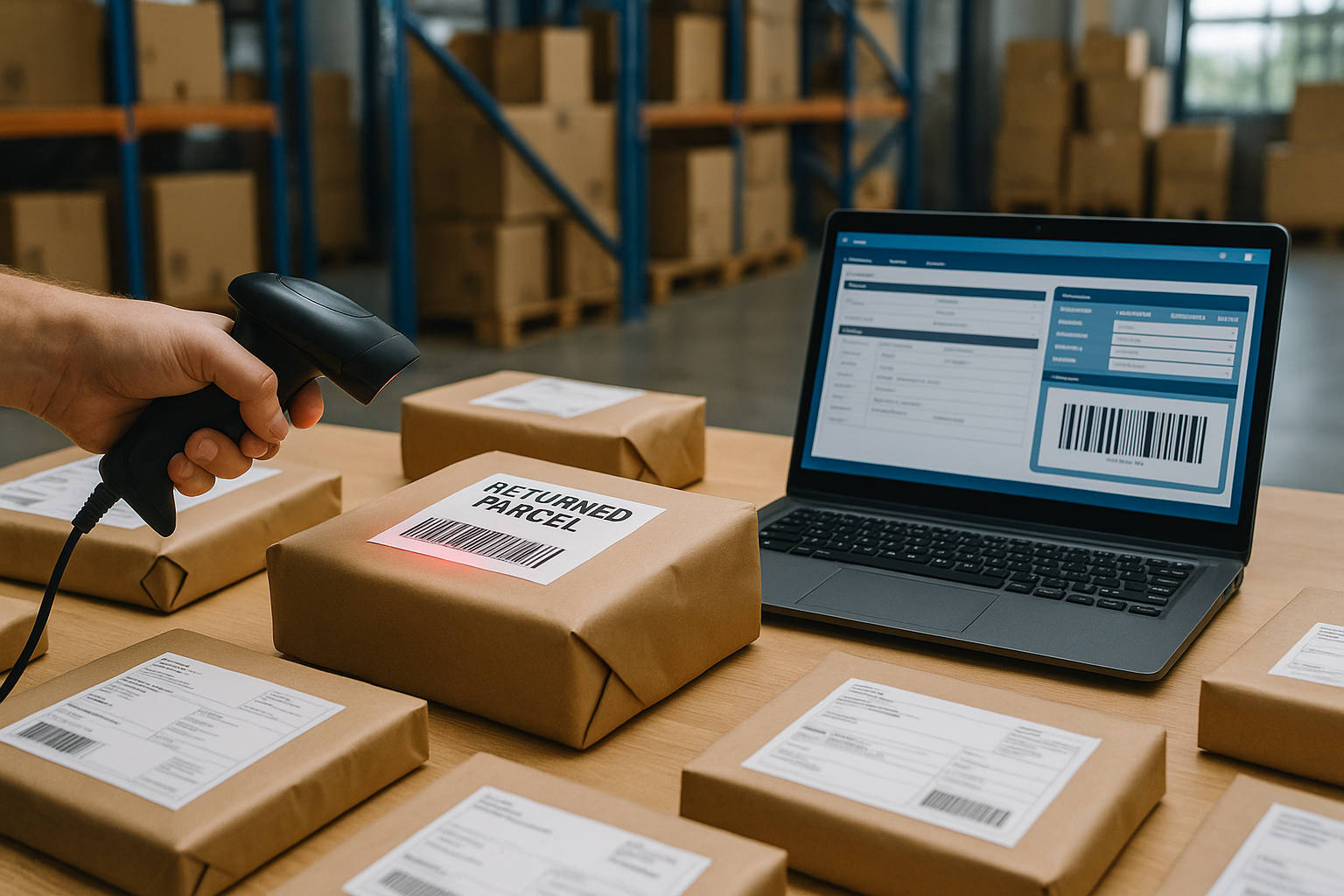 A hand scans a barcode on a parcel labeled "Returned Parcel" with a scanner, next to a laptop displaying tracking software in a warehouse setting.
