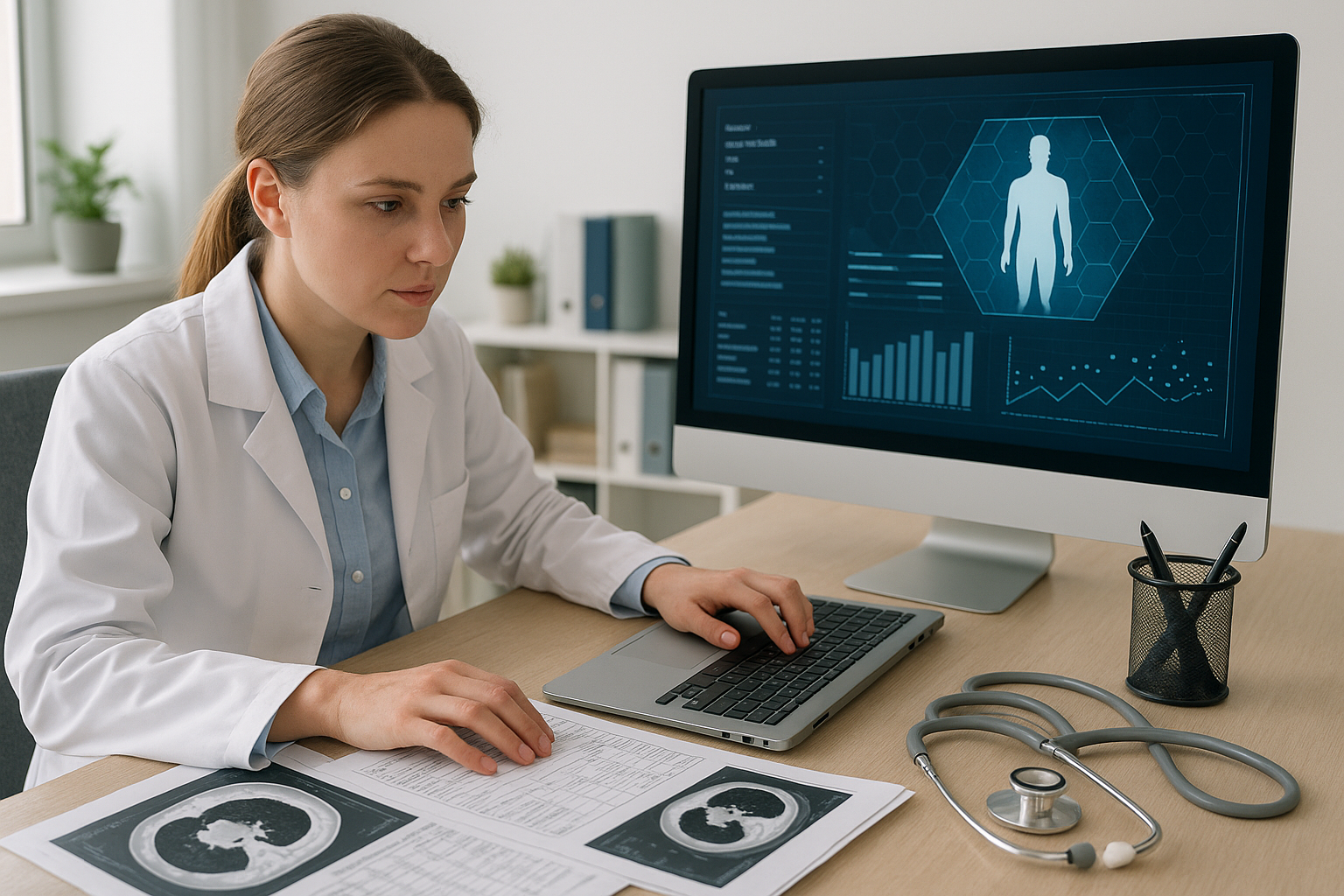 A focused doctor in a lab coat examines CT scans on a desk while using a laptop, with medical data displayed on a computer screen nearby.