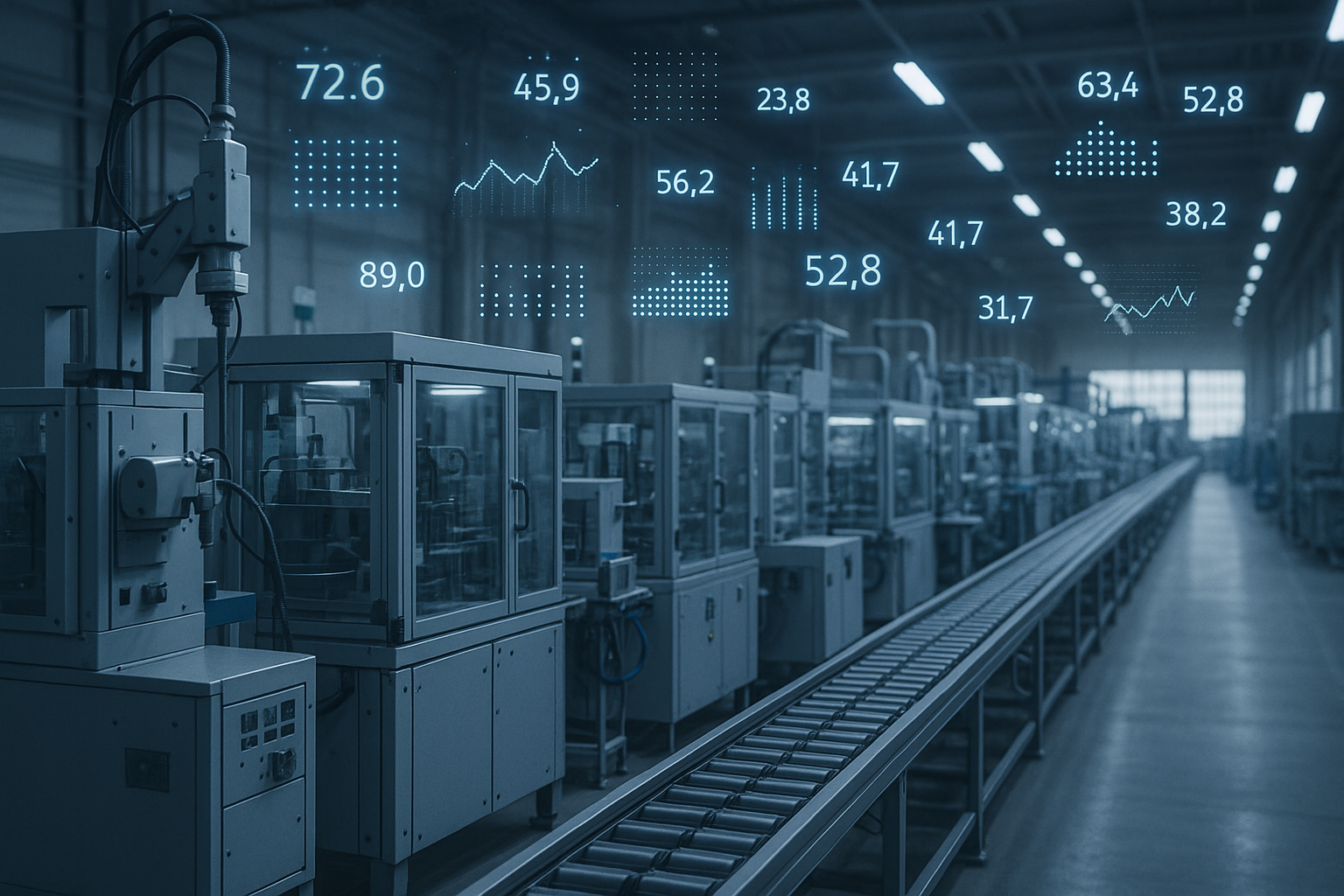 A modern factory floor with automated machinery and a conveyor belt. Overlayed are digital graphs and numbers, suggesting data analysis.