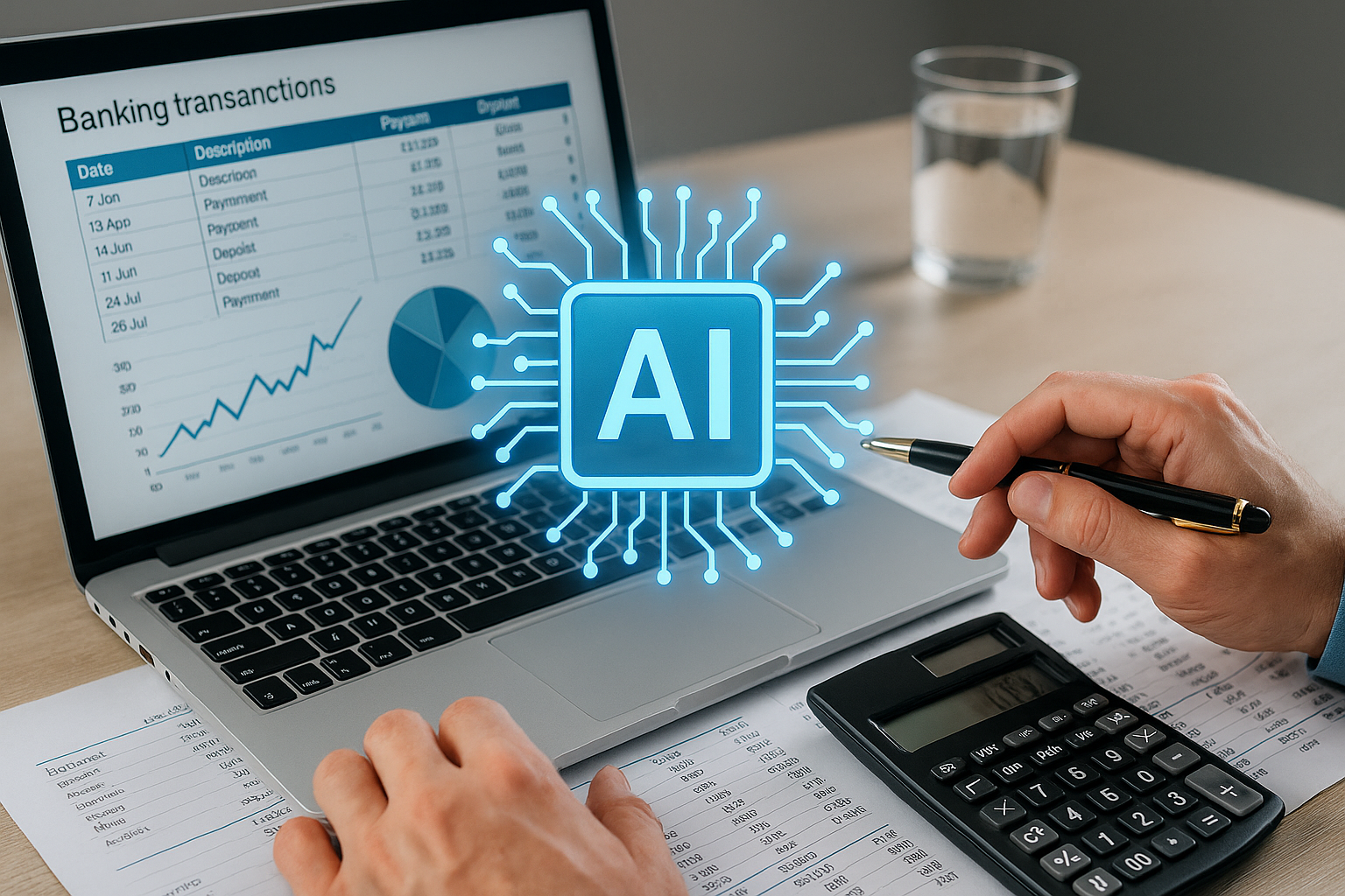 A laptop displays a banking transactions chart and graph, with a glowing "AI" symbol over it. Nearby are a calculator, pen, and financial documents.