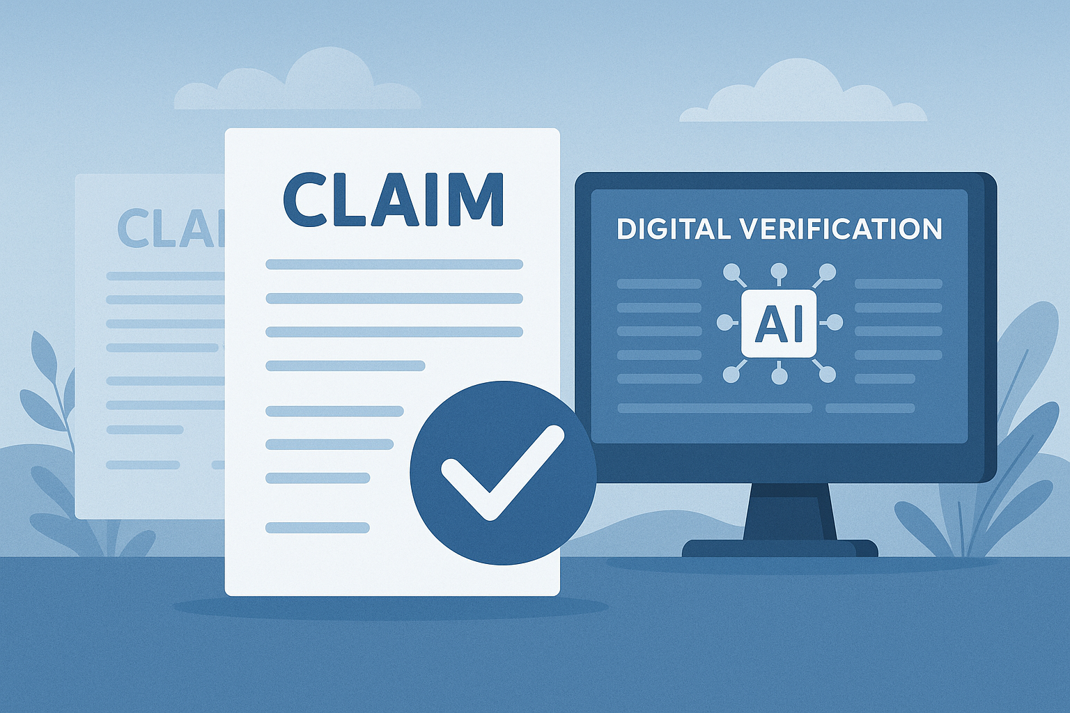 A claim document with a blue checkmark is next to a monitor displaying "Digital Verification AI," symbolizing automated claim verification.
