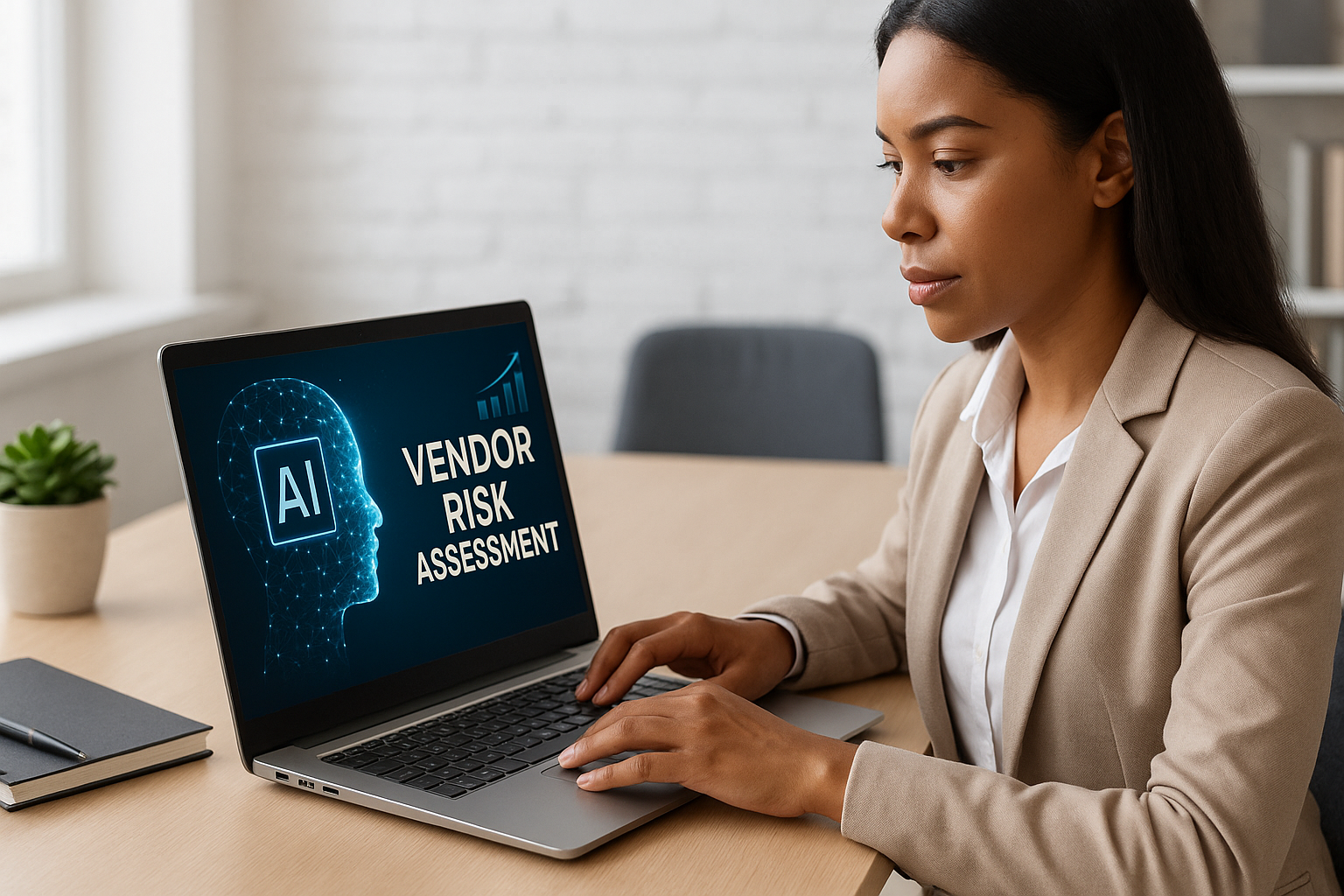 A woman in a beige blazer is focused on her laptop displaying "AI Vendor Risk Assessment" with a digital graphic of a head profile.